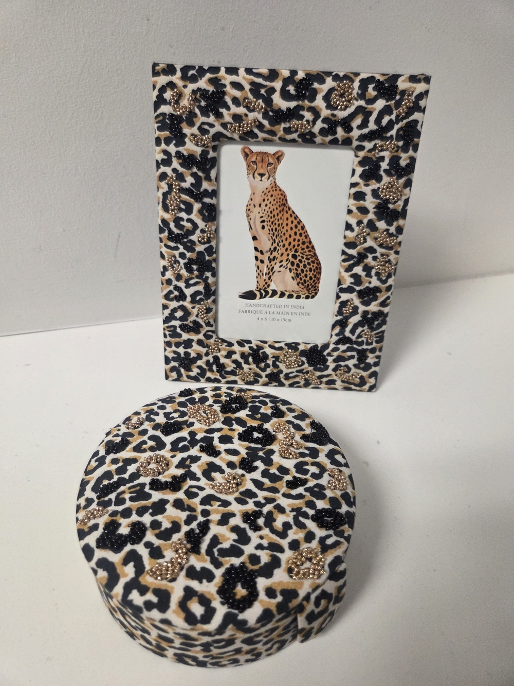 Set of Leopard Print Picture Frame And Jewelry Box Handcrafted India